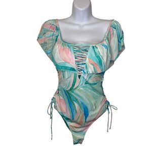 TiniBikini On or Off Shoulder Pastel Floral Tropical One Piece Swimsuit Large